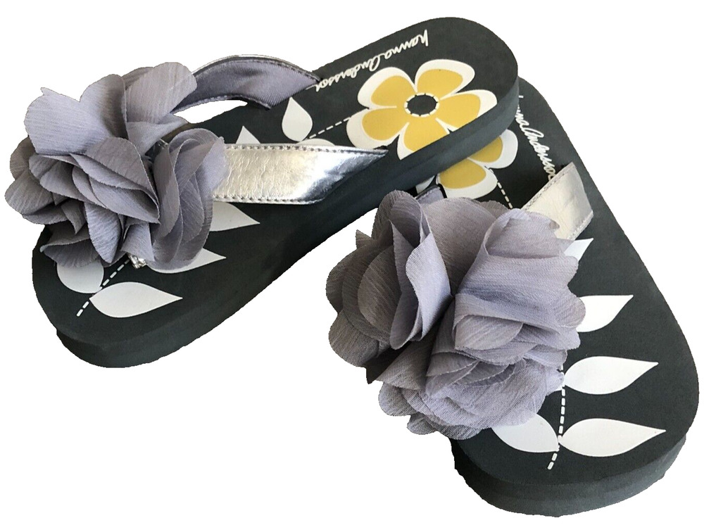 Hanna Andersson Gray Floral Bow Thong Flip Flops Girls 11 12 NWOT